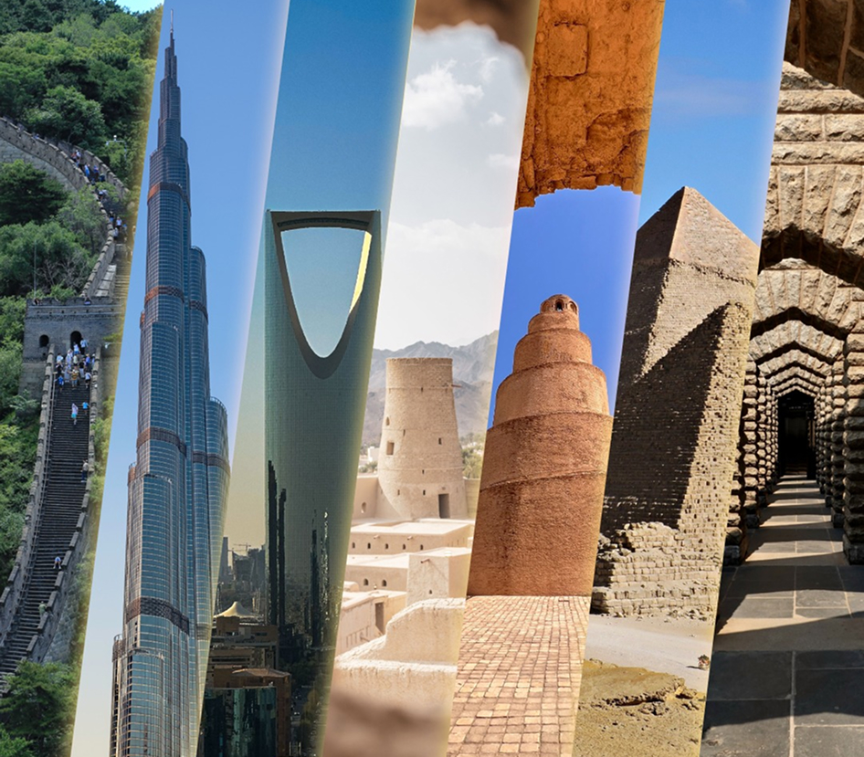 Regional landmarks representing China, the Middle East, and global reach