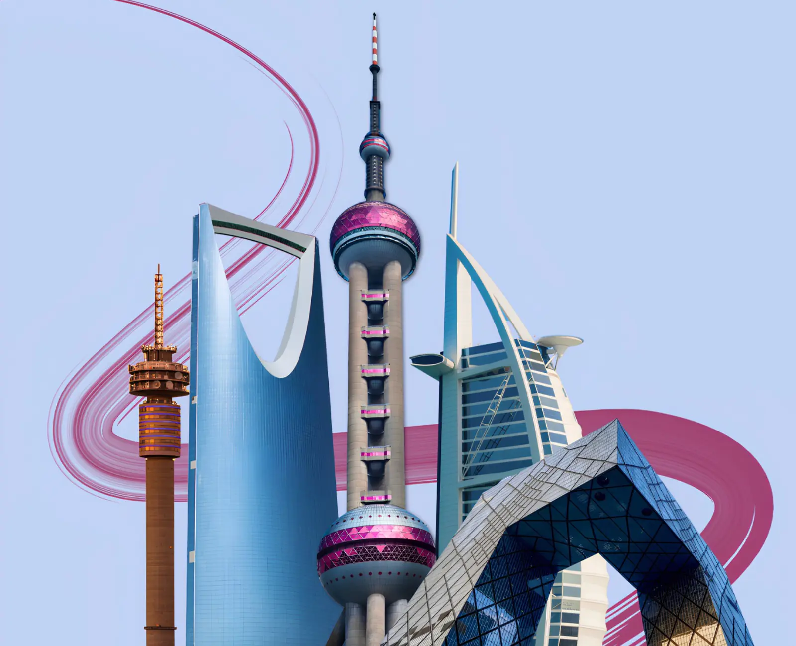 Regional landmarks representing China, the Middle East, and global reach