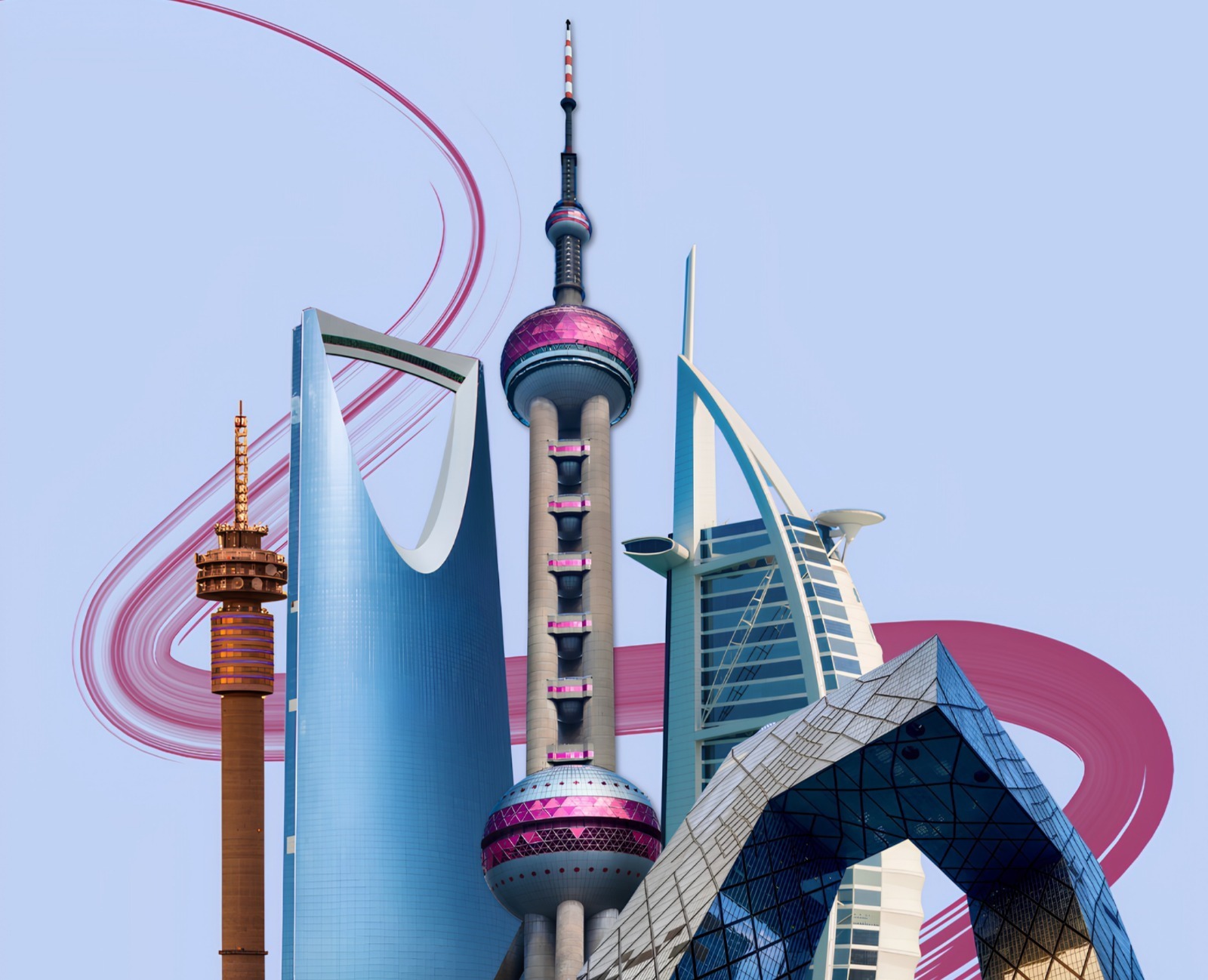 Regional landmarks representing China, the Middle East, and global reach